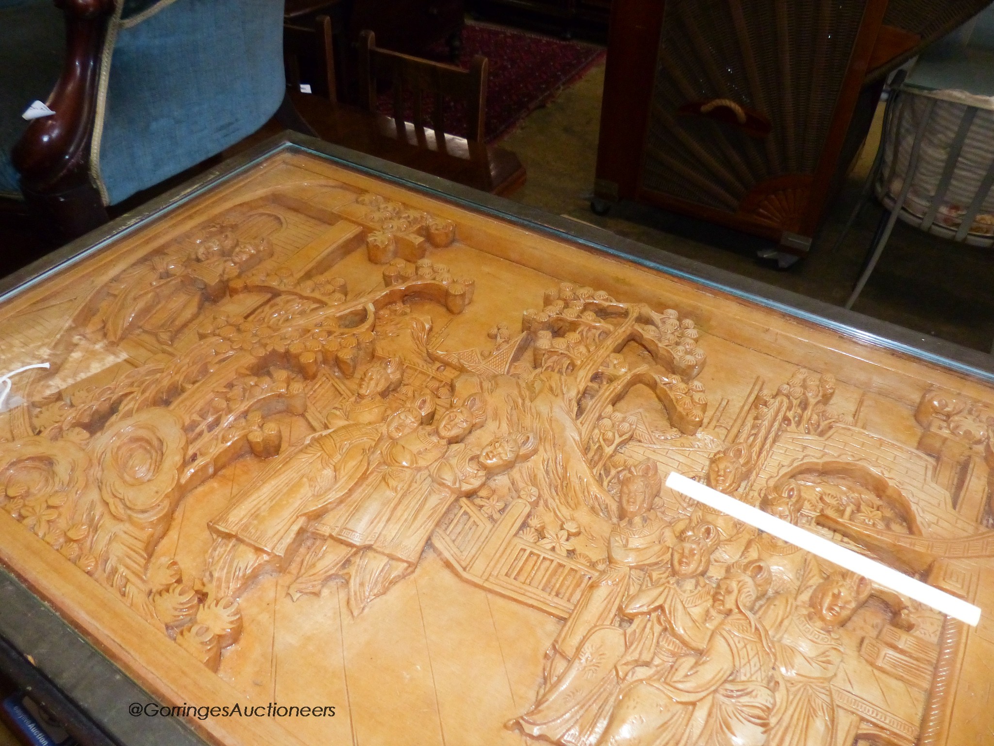 A Chinese rectangular relief carved hardwood low coffee table. W-91, D-46, H-41cm.